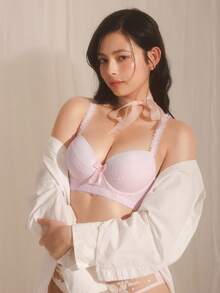 DelicateAllure Bra Balconette Patchwork Renda Merah Muda dengan Kawat Penyangga, Dukungan Tinggi, Mengangkat dan Membentuk Belahan Dada, Nyaman dan Menawan - Berwarna merah muda - View 9