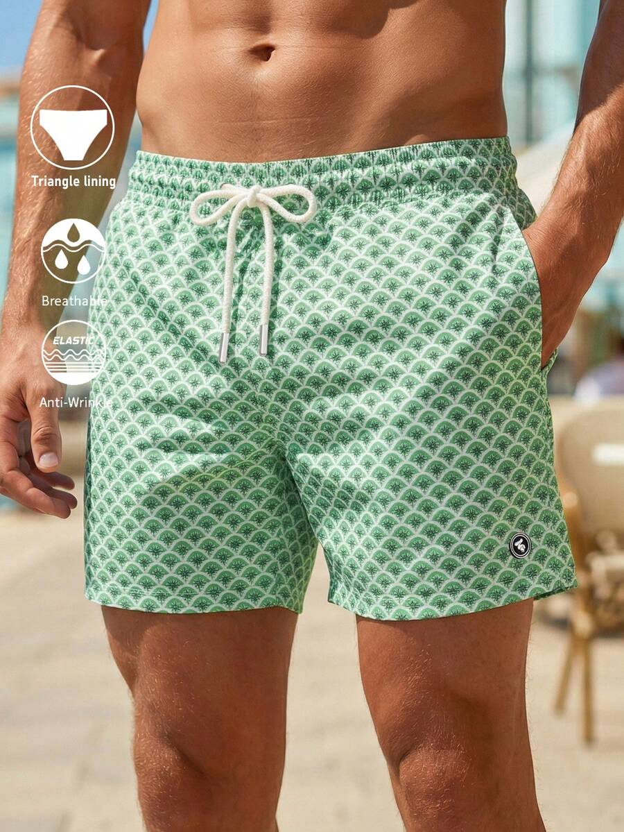 Manfinity Swimmode 男士夏季度假印花抽绳腰带沙滩短裤 - 綠色 - 查看 1