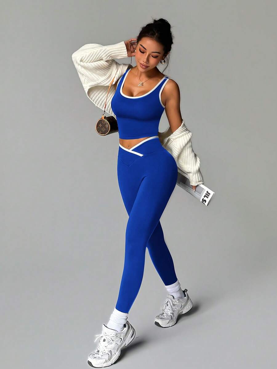 Easithlete Easithlete Conjunto deportivo de mujer con colores contrastantes para yoga - azul real - Ver 1