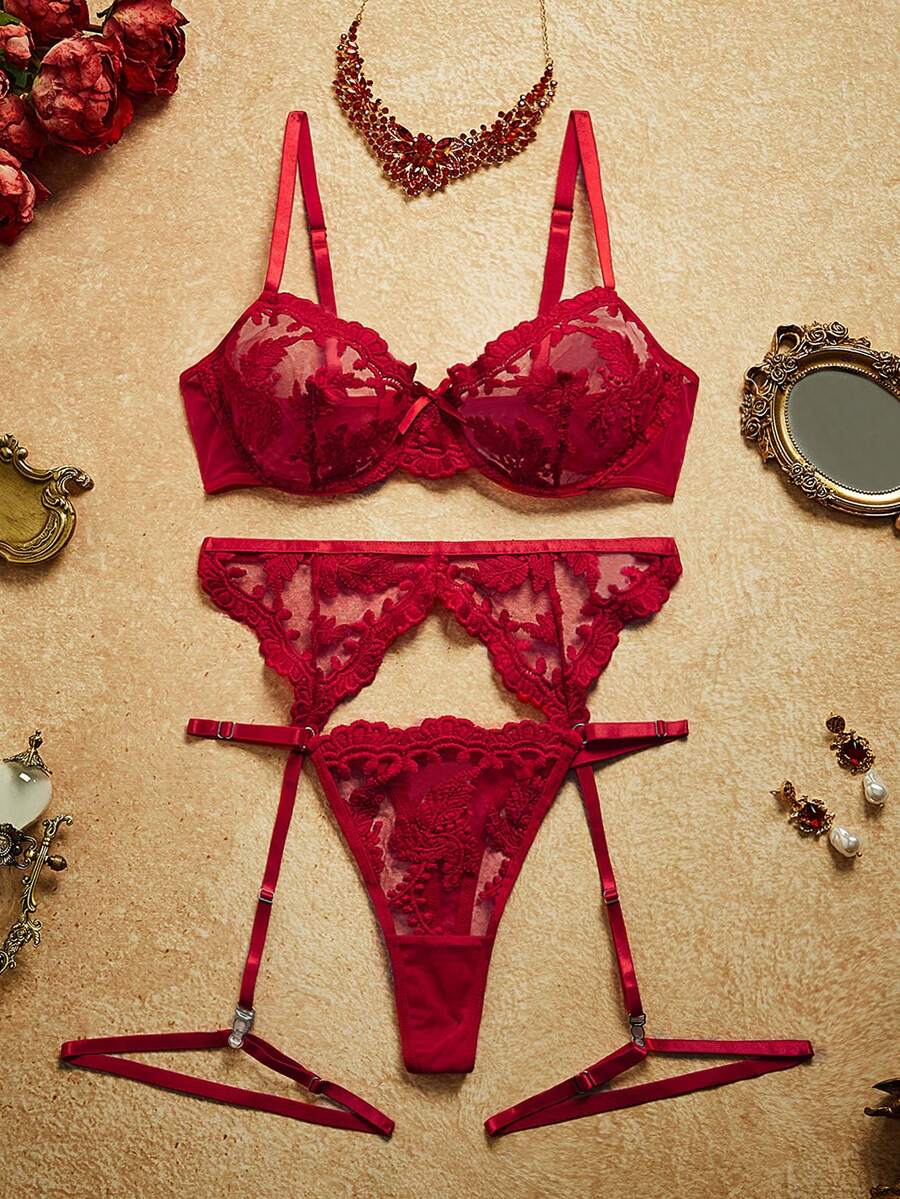 PinupPomp Conjunto de lencería sexy de 5 piezas con bordado floral de malla para salir - Rojo - Ver 1