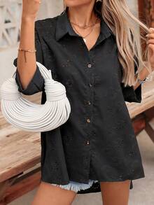 SHEIN VCAY Blusa informal de mujer con manga abullonada y bordado, de abotonadura simple - Negro - Ver 4