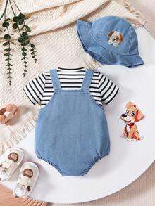 SHEIN Playful Pals 男嬰藍白條紋夏季可愛度假套裝 卡通小狗刺繡牛仔連身褲 T恤 & 遮陽帽 可調節休閒街頭風 - 藍色 - 查看 2