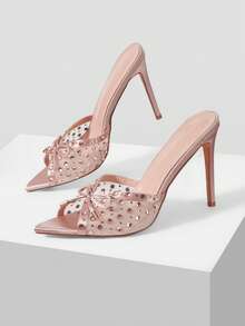 Mnmlis Giày sandal cao gót nữ đính nơ đá, mũi nhọn, kiểu dép xỏ ngón. - Màu be - Xem 3