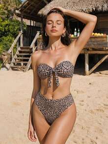 SHEIN Swim Summer Beach Leopard Knot Front Bandeau Bikini Set - Multicolor - View 10