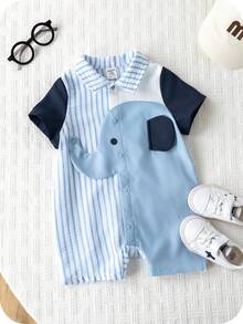 SHEIN Unisex Newborn Baby Boy/Girl Colorblock Blue Striped Cute Elephant Print Short Sleeve Romper,Spring/Summer Boy Clothes Outfit Stripes - Blue - View 3