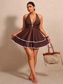 Elaquor Conjunto de Maiô Frente Única Franzido em Cor Sólida para Mulheres Plus Size com Calcinha Tipo Triângulo, Adequado para Férias de Verão e Praia - Café - Visão 4