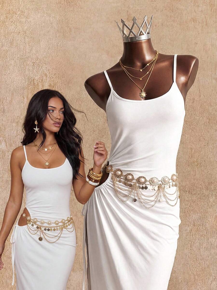 Elin Vora Women's Cutout Waist, Side Slit, High-Low Hem Cami Dress - White - View 1