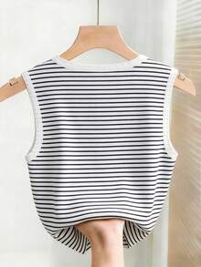 Franclia Women's Knitted White Contrast Color Round Neck Pearl Button Sleeveless Casual Basic Tank Top, Summer Golf - Black and White - View 2