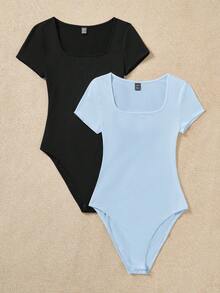 SHEIN EZwear 休閒極簡風女款兩件套圓領短袖修身連身衣 - 彩色 - 查看 4
