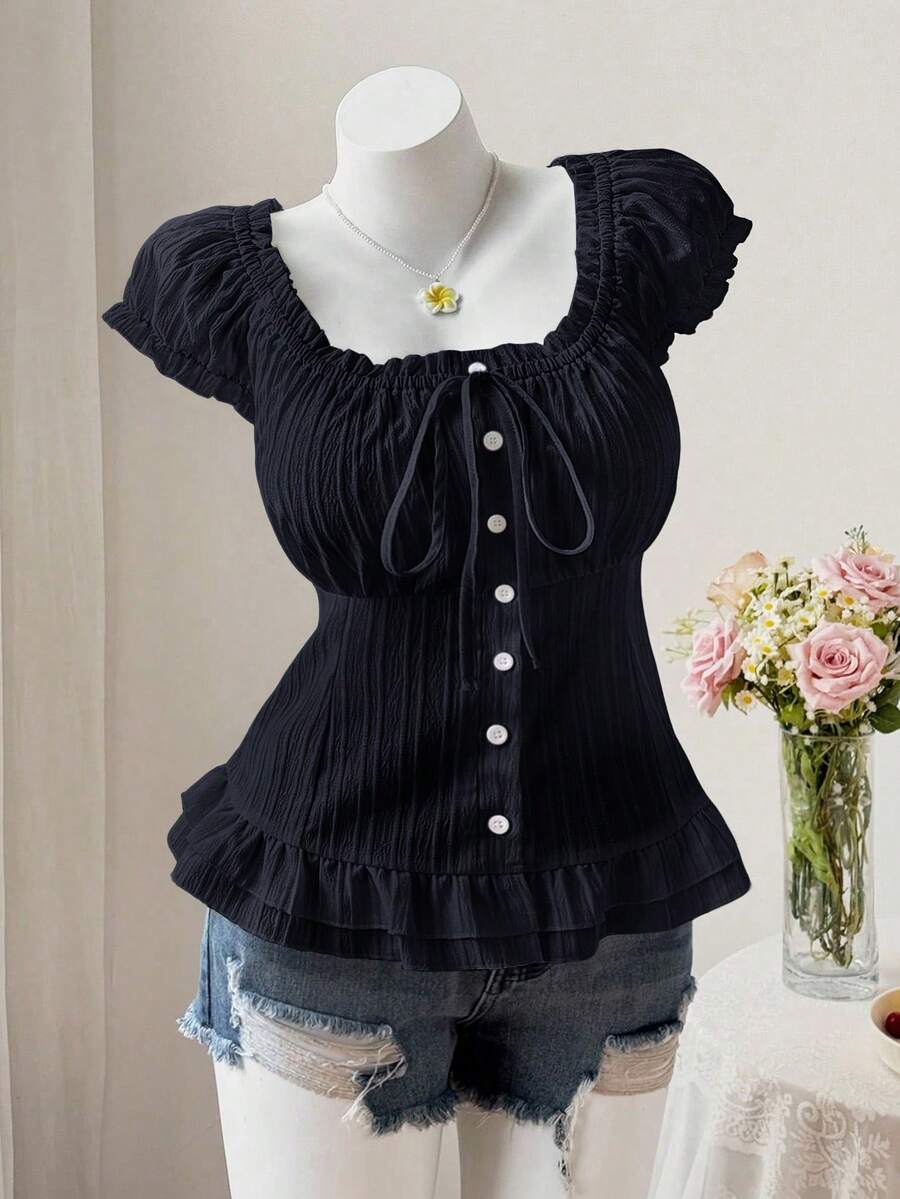 Sweetra Kemeja Musim Panas Lengan Pendek Kasual Lucu dengan Lengan Mengembang, Pinggang Diikat, dan Kancing Depan - Navy Blue - View 1