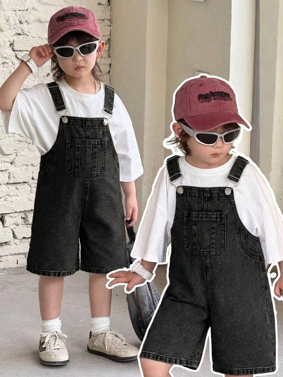 Young BoyLoose Fit Blue Denim Bib Shorts - Black - View 1
