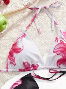 SHEIN Swim Curve 大码女式印花吊带泳衣两件套上衣 - 粉色 - 查看 4
