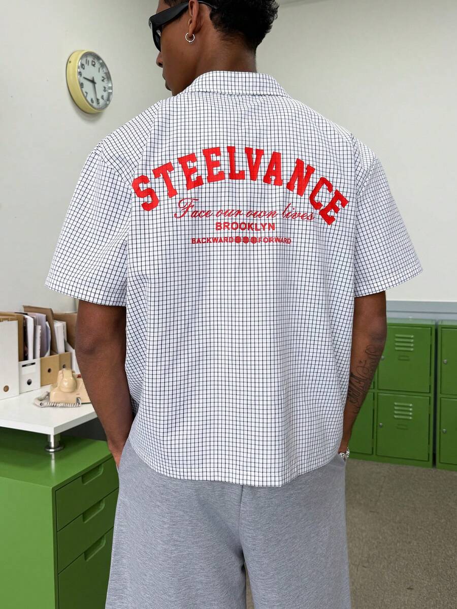 STEELVANCE 男士字母印花格子休闲短袖衬衫 - 黑與白 - 查看 1