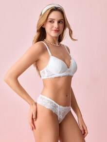 2 piezas Conjunto de sujetador con aros y relleno de encaje para mujeres - Blanco - Ver 10
