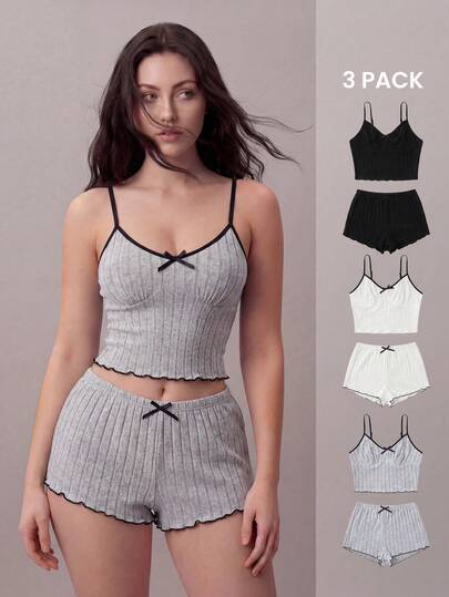 Bộ đồ ngủ 3 món màu trơn thường ngày, thời trang cho trang phục mùa hè