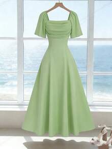 Elenzga Mẫu đầm mới về, cổ vuông, xếp ly phía trước, chất liệu chiffon, hở lưng, thắt eo, kiểu dáng thanh lịch dành cho nữ. - màu xanh lá - Xem 4