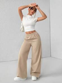 SHEIN PETITE Pantalones acampanados de cintura alta con costillas y rayas en las axilas para mujer - Caqui - Ver 4