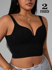 SHEIN Velisys 2PCS Bra Olahraga Wanita Ukuran Plus Warna Hitam Polos Musim Panas, Atasan Olahraga Atletik dengan Bra Terintegrasi untuk Pilates, Atasan Atletik Gym untuk Wanita Berlekuk - MultiWarna - View 4