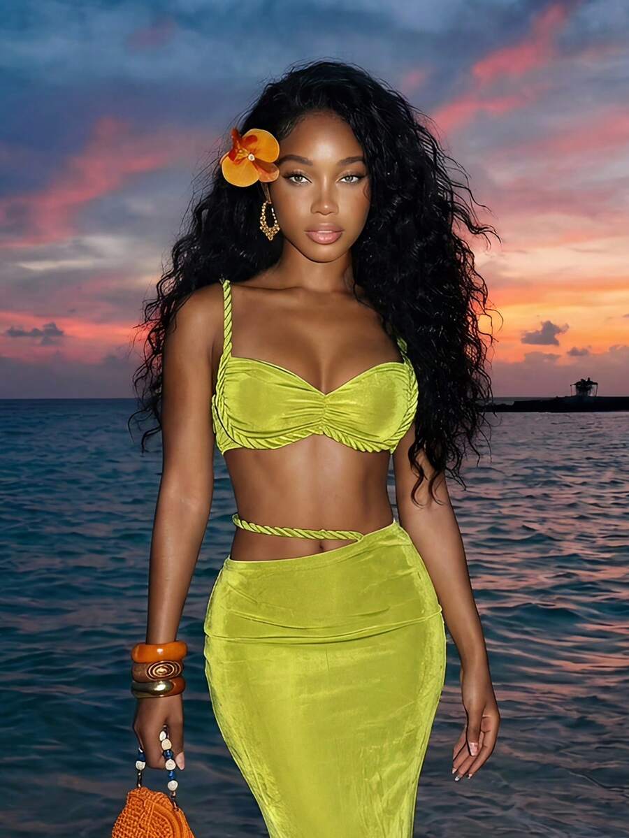 Slaydiva Women's Lime Green Summer Casual Beach Holiday Vacation Holiday Two Piece Set,Millennial Cable Knit Bra Cup Cami Top & Ice Silk Skirt