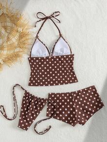 Swim Mod 女士春夏沙滩音乐节波浪圆点印花荷叶边打结V领四角裤比基尼三件套 - 彩色 - 查看 2