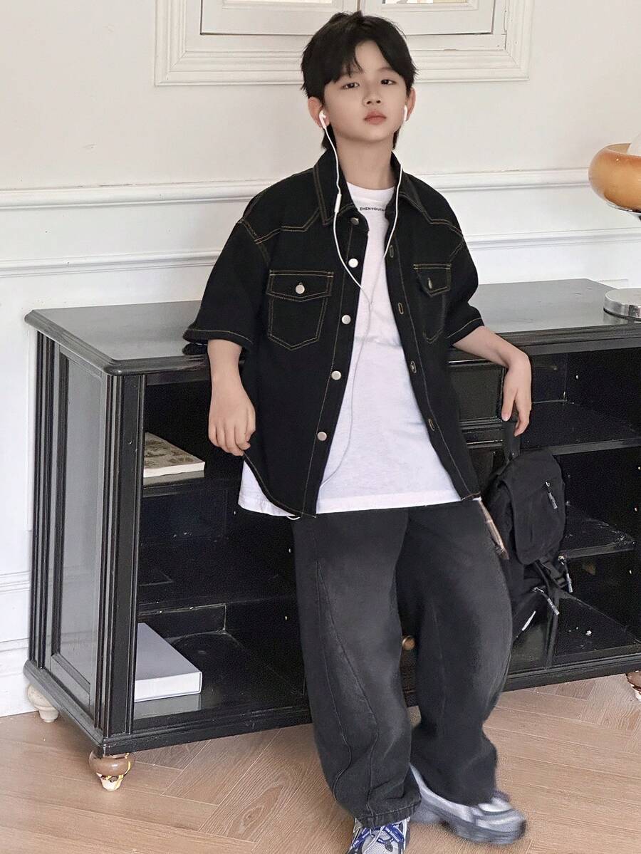 Dazy Kids 宽松休闲酷炫翻领夹克上衣，适合幼儿男童（大号），牛仔衬衫 - 黑色 - 查看 1