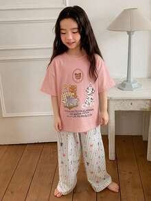 DAZY 女童卡通印花圆领短袖上衣和裤子休闲家居服套装 - 淺粉色 - 查看 4