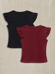 Soleia 2pcs Ribbed Fabric Round Neck Cap Sleeve Fitted T-Shirt Set,Summer Top - Multicolor - View 2