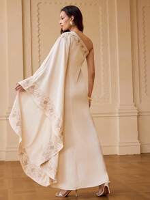 ZEYLAH Women's Elegant Party Floral Embroidered One-Shoulder Arabic Style Dress - Beige - View 3