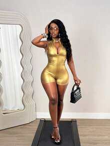 SHEIN BamGlam Bộ áo liền quần bó sát hở lưng có lớp phủ dành cho nữ - Màu vàng - Xem 6