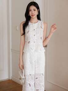 DAZY Women's Casual Elegant White Sleeveless Vest And Straight Leg Pants 2 Pieces Set, Spring/Summer Lounge Sets For Women Vacation - White - View 3