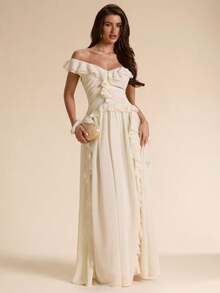 SHEIN BAE Aprikosenfarbenes Chiffon-Maxikleid mit tiefem V-Ausschnitt, Rüschenbesatz und figurbetonigter Passform, Creme, Sommer, elegant, Hochzeits-Brautkleid, Damen-Sommerkleid, formelles Brautjungfernkleid - Aprikosenfarben - Übersicht 5