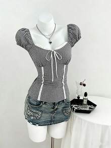 Sweetra Women's New Spring/Summer Classic Black And White Checkered Plaid Contrast Sweet Retro Square Collar Lace-Up Puff Sleeve Shirt, Elegant Cute Picnic - Black and White - View 7