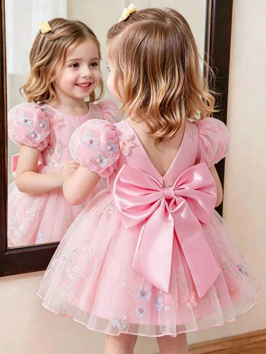 SHEIN Glamorique Kids 女婴生日派对婚礼节日礼服，粉色刺绣薄纱蓬蓬公主裙，带3D蝴蝶结 - 粉色 - 查看 1