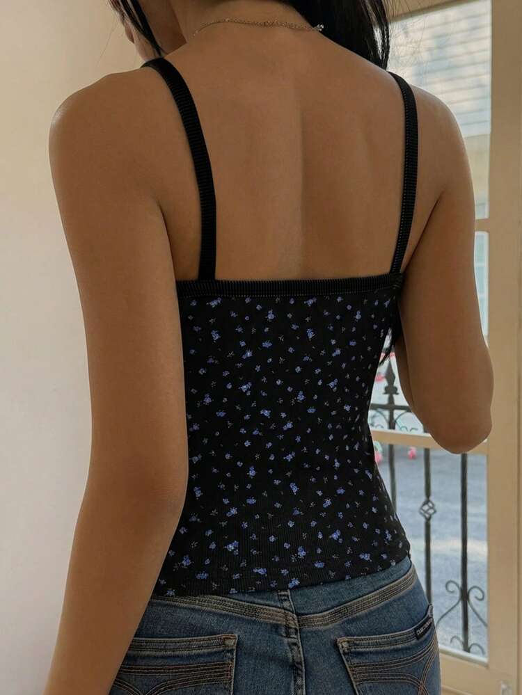 Women's Summer Fashion Ditsy Floral Crew Neck Bodycon Camisole