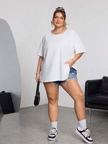 SHEIN CURVE+ Bộ 3 áo thun tay ngắn cổ tròn dáng rộng cỡ lớn dành cho mùa hè, màu trắng, đen và xám, thương hiệu Curve Plus, Hoho Vacation. - Nhiều màu - Xem 7