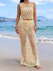 Selianne 女士镂空网眼钩编背心，适合音乐节、约会、度假、海滩等场合，无袖亮片奶油黄毛衣 - 淡黃色 - 查看 6