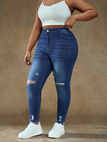 Truni Plus Size Fashion Versatile Washed Distressed Skinny Jeans, For Pear & Triangle Body Shape - Blue - View 3