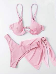 SHEIN Swim 女士夏季海滩纯色性感比基尼套装，含罩衫和纱笼裙，3 件套，带钢圈 - 淺粉色 - 查看 6