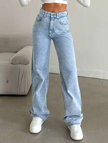 EURMUSE 100% Cotton High Rise Straight Leg Denim Jean Light Snow Wash Plus Size - Light Wash - View 2