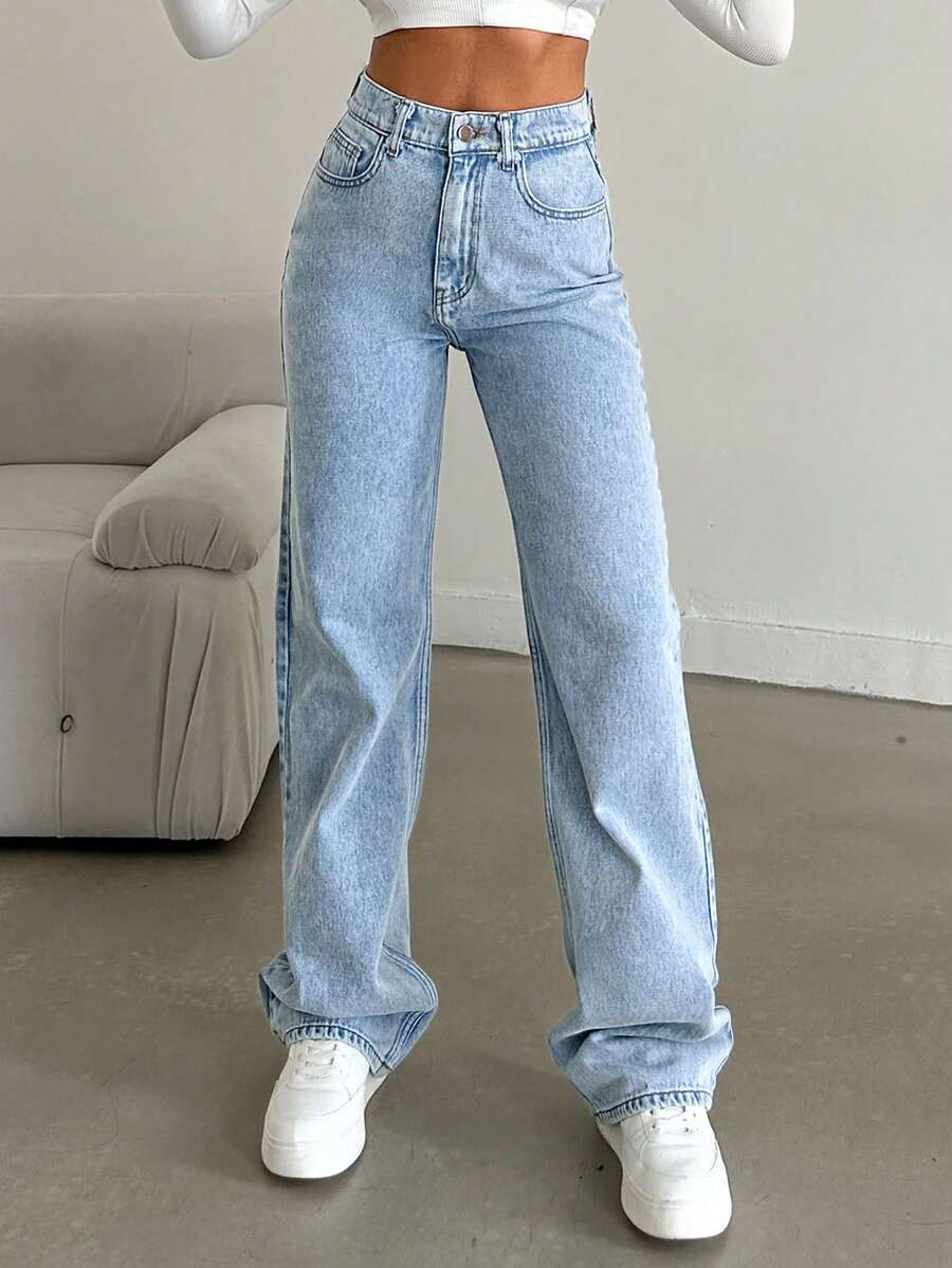 EURMUSE 100% Cotton High Rise Straight Leg Denim Jean Light Snow Wash Plus Size