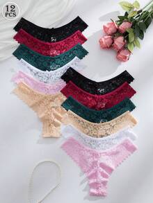 SHEIN 12pcs/Set Romantic Sexy Lace Women's Thong Panties, Multicolor - Multicolor - View 3