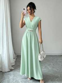 Franclia Women's Elegant V-Neck Batwing Sleeve Waist Cinched Flared Hem Cherry Red Dress, Sleeveless Spring/Summer - Mint Green - View 6