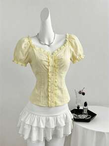 Modelyn Yellow Cotton Puff Sleeve Shirt With Frill Trim - Yellow - View 4