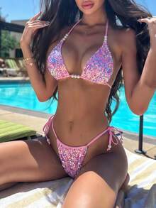 Swim SXY 两件套女士性感串珠亮片装饰吊带比基尼泳衣套装，适合春夏海滩穿着 - 粉色 - 查看 3