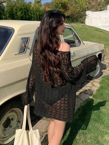 女士休闲镂空针织罩衫，宽松版型，适合海滩、度假、春夏秋季穿着。 - 黑色 - 查看 5