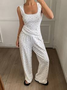DAZY Women's Summer Ditsy Floral Knit Lace Trim Camisole And Pants Pajama Set - White - View 5