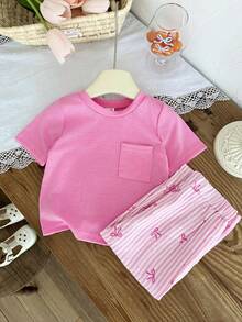 SHEIN 女婴6个月-3岁春夏休闲套装，两件套，Cure and Cure风格外出服，纯色短袖上衣和蝴蝶结印花长裤 - 粉色 - 查看 8