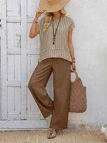 EMERY ROSE Women's Casual Vacation & Commute Striped Print Cap Sleeve Top And Wide Leg Pants Set, Spring/Summer - Khaki - View 6