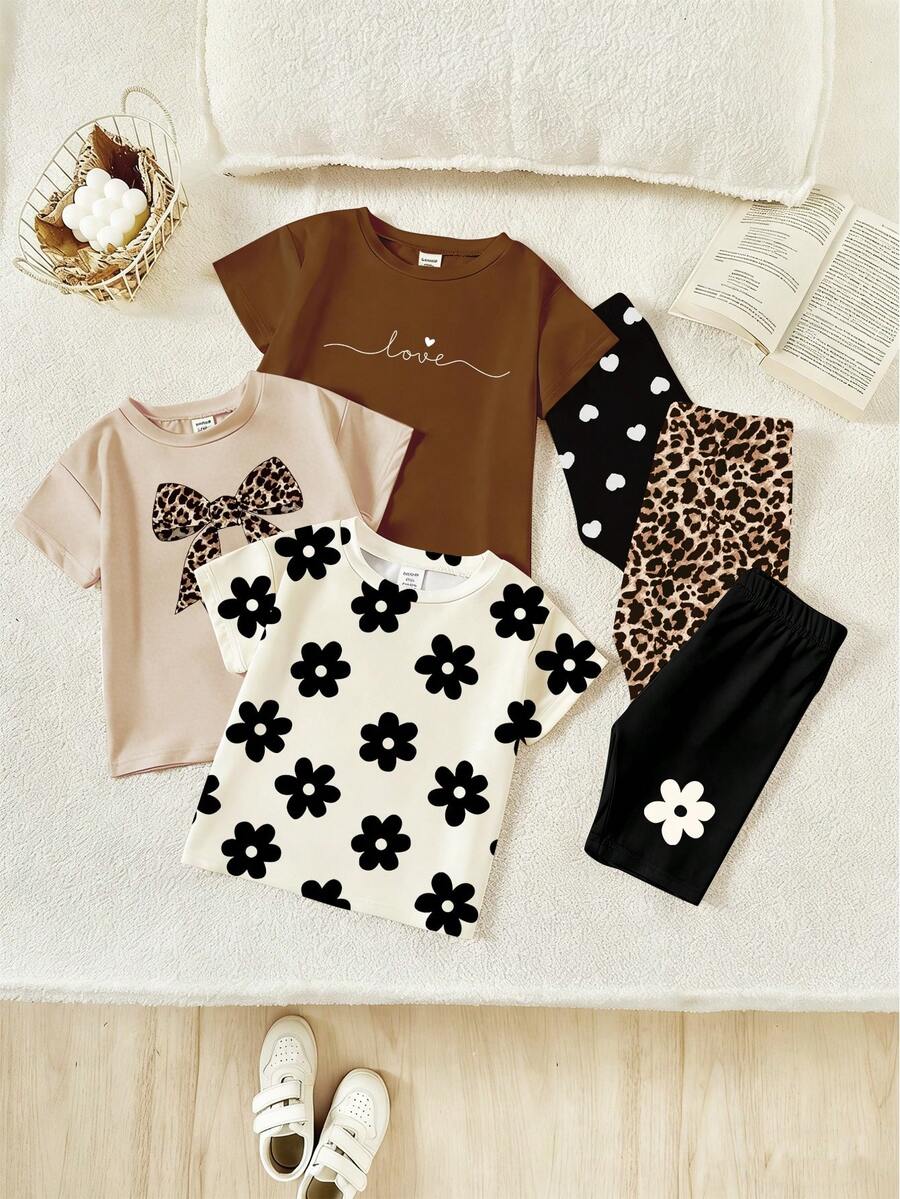 SHEIN Set de 3 piezas de camiseta de manga corta con cuello redondo y pantalones cortos a juego con estampados florales, lazo de leopardo y letra minimalista para niñas bebés, adecuado para salidas y vacaciones de primavera a verano - Multicolor - Ver 1