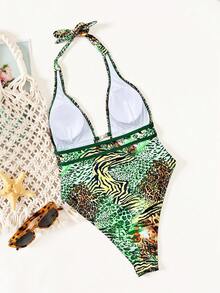 Swim Chiccia Traje de baño de una pieza sexy con escote en V profundo negro, estilo bohemio de festival - Multicolor 2 - Ver 2